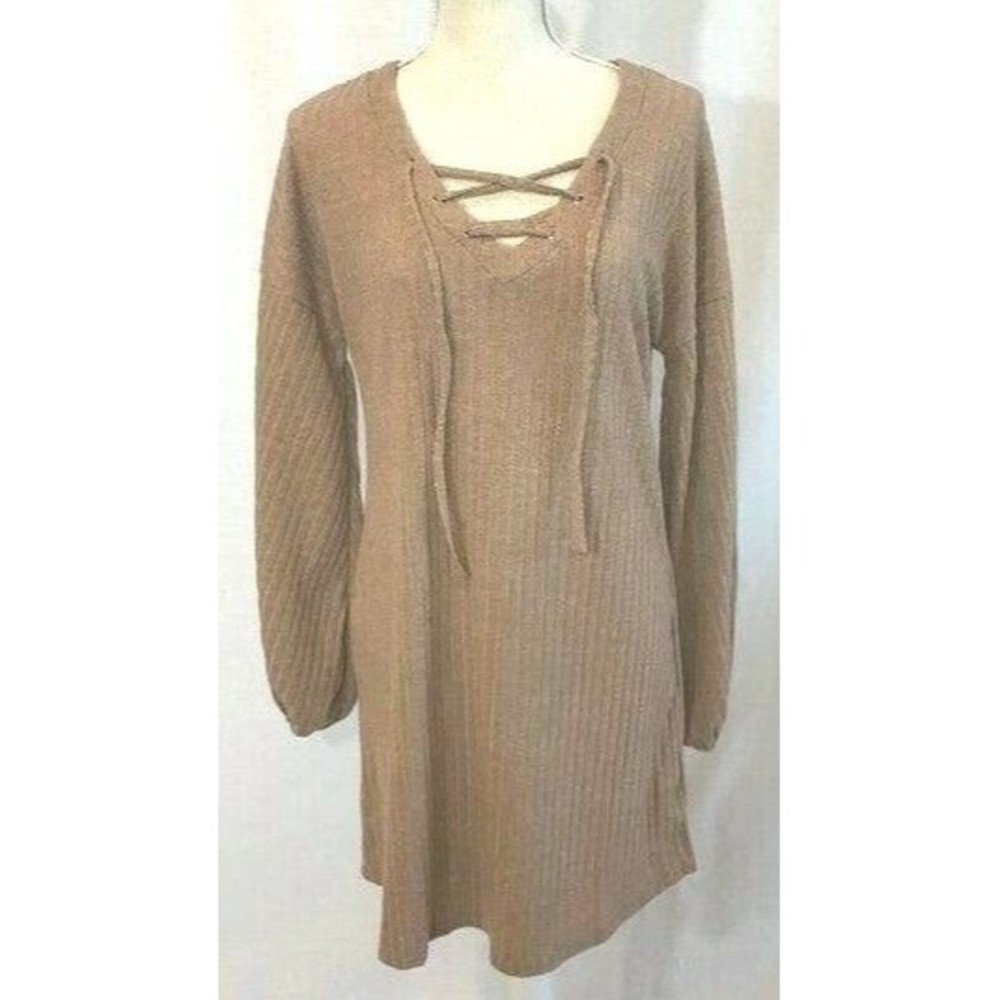 Miss Sparkling Womens Khaki‎ Laced V-Neckline Long Sleeve Ribbed Sweater Dress